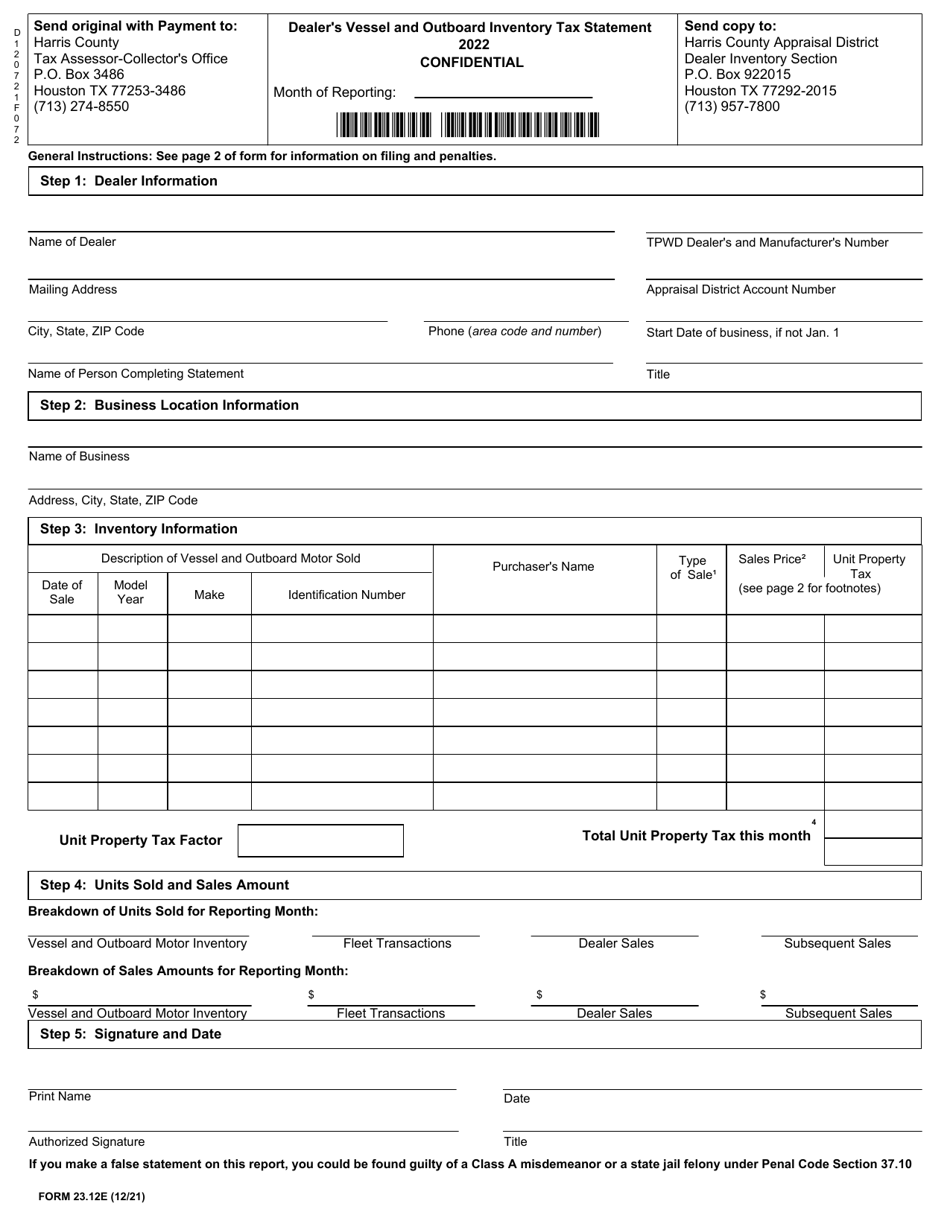 Form 23.12E Dealers Vessel and Outboard Inventory Tax Statement - Harris County, Texas, Page 1
