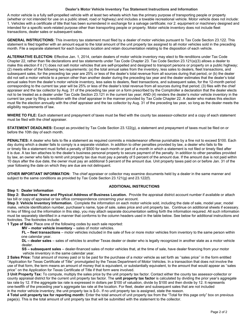 Form 23.122 Dealers Motor Vehicle Inventory Tax Statement - Harris County, Texas, Page 2