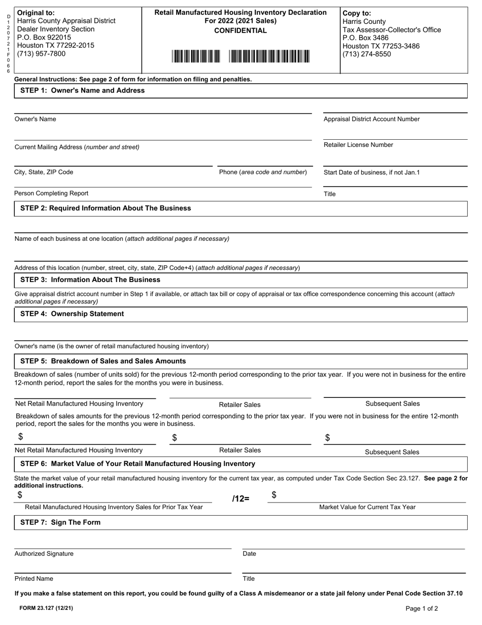 Form 23.127 Retail Manufactured Housing Inventory Declaration - Harris County, Texas, Page 1