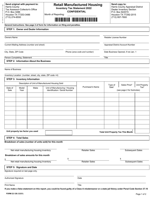 Form 23.128 Retail Manufactured Housing Inventory Tax Statement - Harris County, Texas, 2022