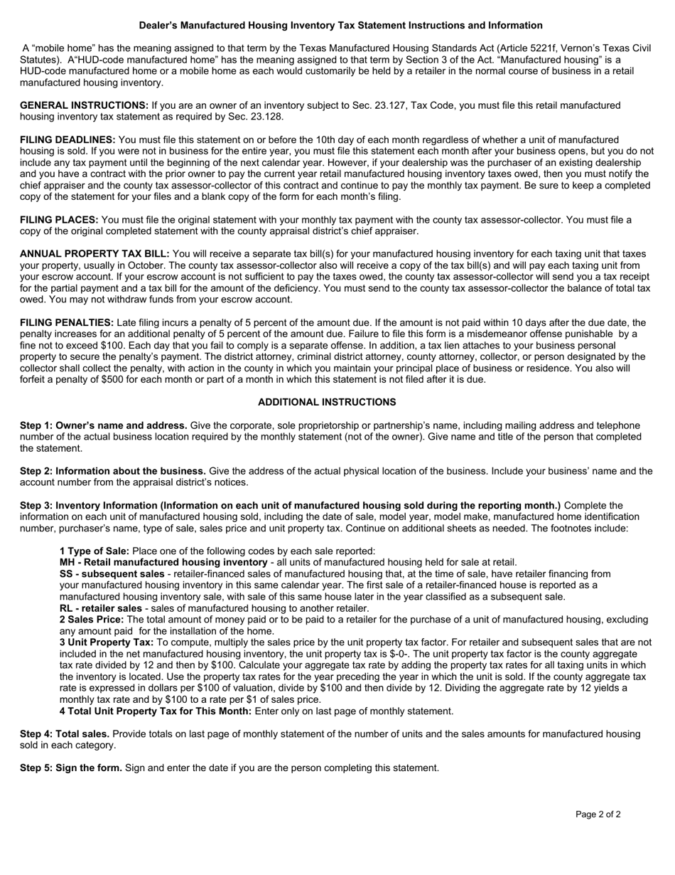 Form 23.128 Retail Manufactured Housing Inventory Tax Statement - Harris County, Texas, Page 2