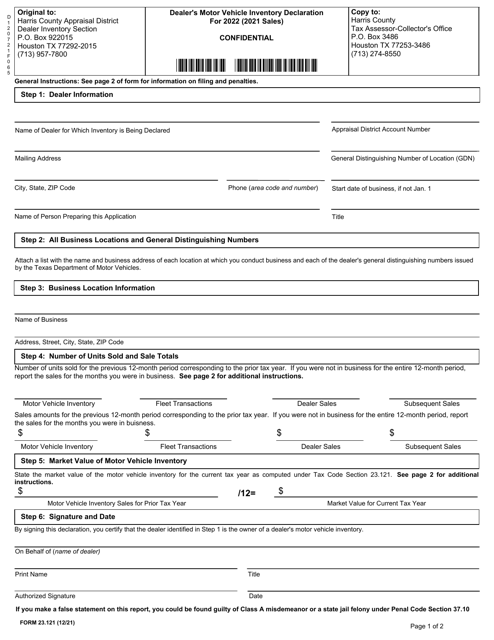 Form 23.121 Dealer&#039;s Motor Vehicle Inventory Declaration - Harris County, Texas, 2022