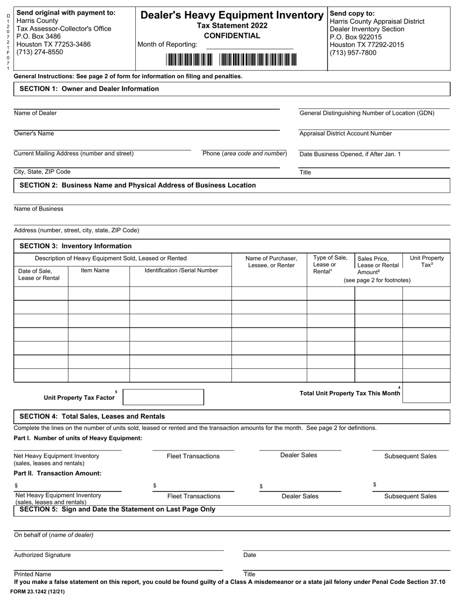 Form 23.1242 Dealer's Heavy Equipment Inventory Tax Statement - Harris County, Texas, Page 1