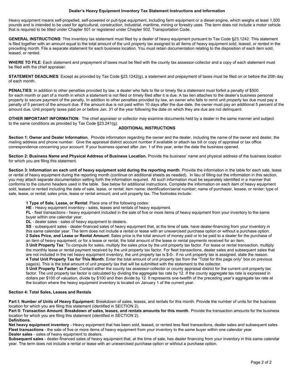 Form 23.1242 Dealers Heavy Equipment Inventory Tax Statement - Harris County, Texas, Page 2
