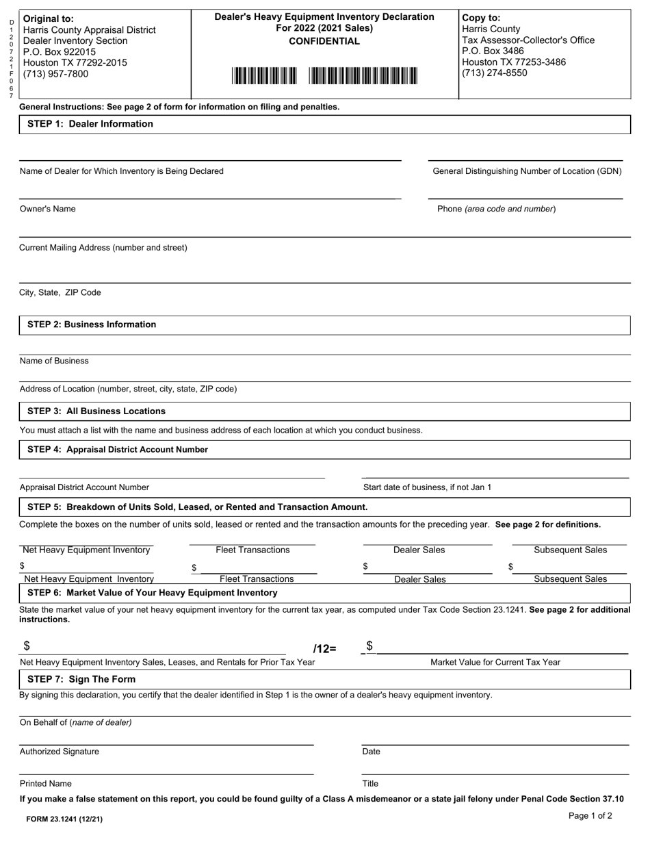Form 23.1241 Dealers Heavy Equipment Inventory Declaration - Harris County, Texas, Page 1