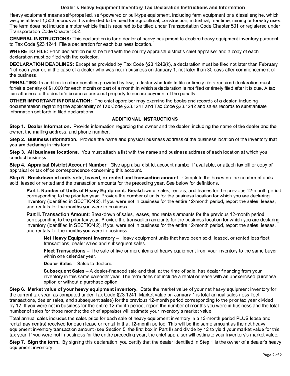 Form 23.1241 Dealers Heavy Equipment Inventory Declaration - Harris County, Texas, Page 2