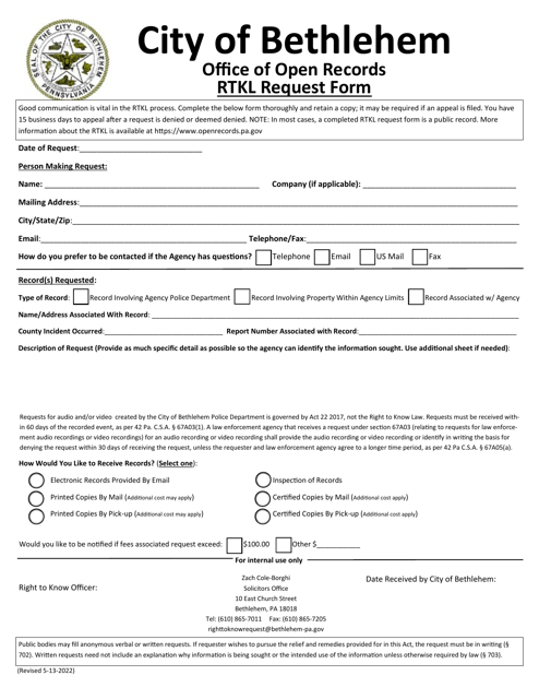 Right to Know Request Form - City of Bethlehem, Pennsylvania