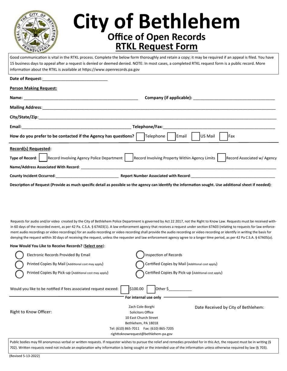 City of Bethlehem, Pennsylvania Right to Know Request Form Fill Out