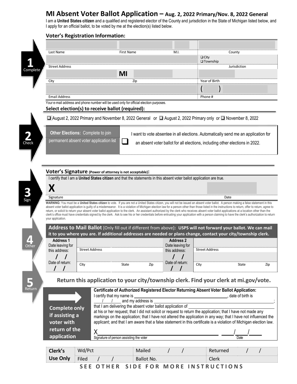 2022 Michigan Mi Absent Voter Ballot Application Fill Out, Sign