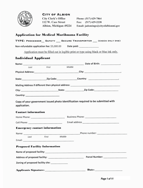 Application for Medical Marihuana Facility - Stakeholder/Shareholder/Member Form - Individual Application - City of Albion, Michigan