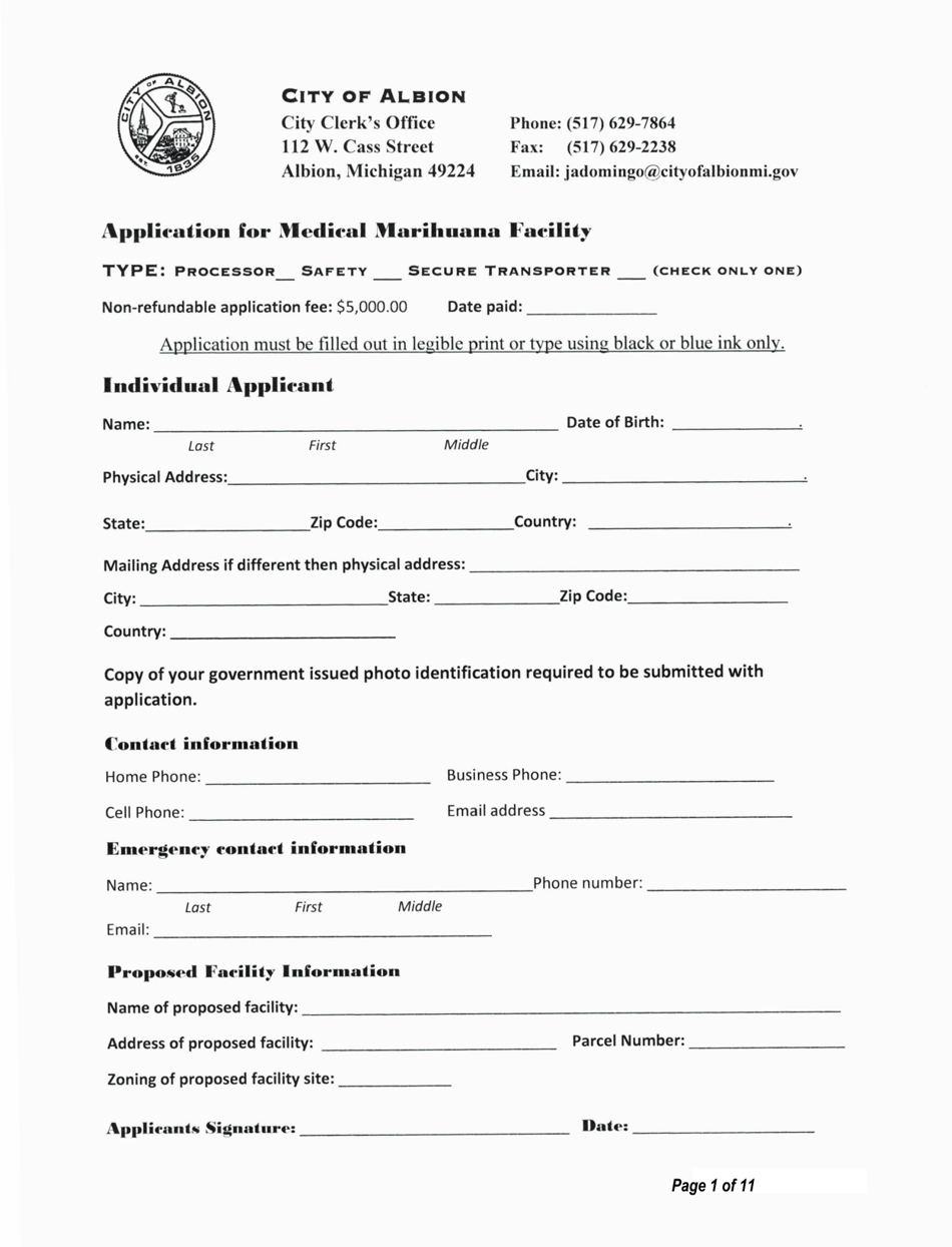Application for Medical Marihuana Facility - Stakeholder / Shareholder / Member Form - Individual Application - City of Albion, Michigan, Page 1