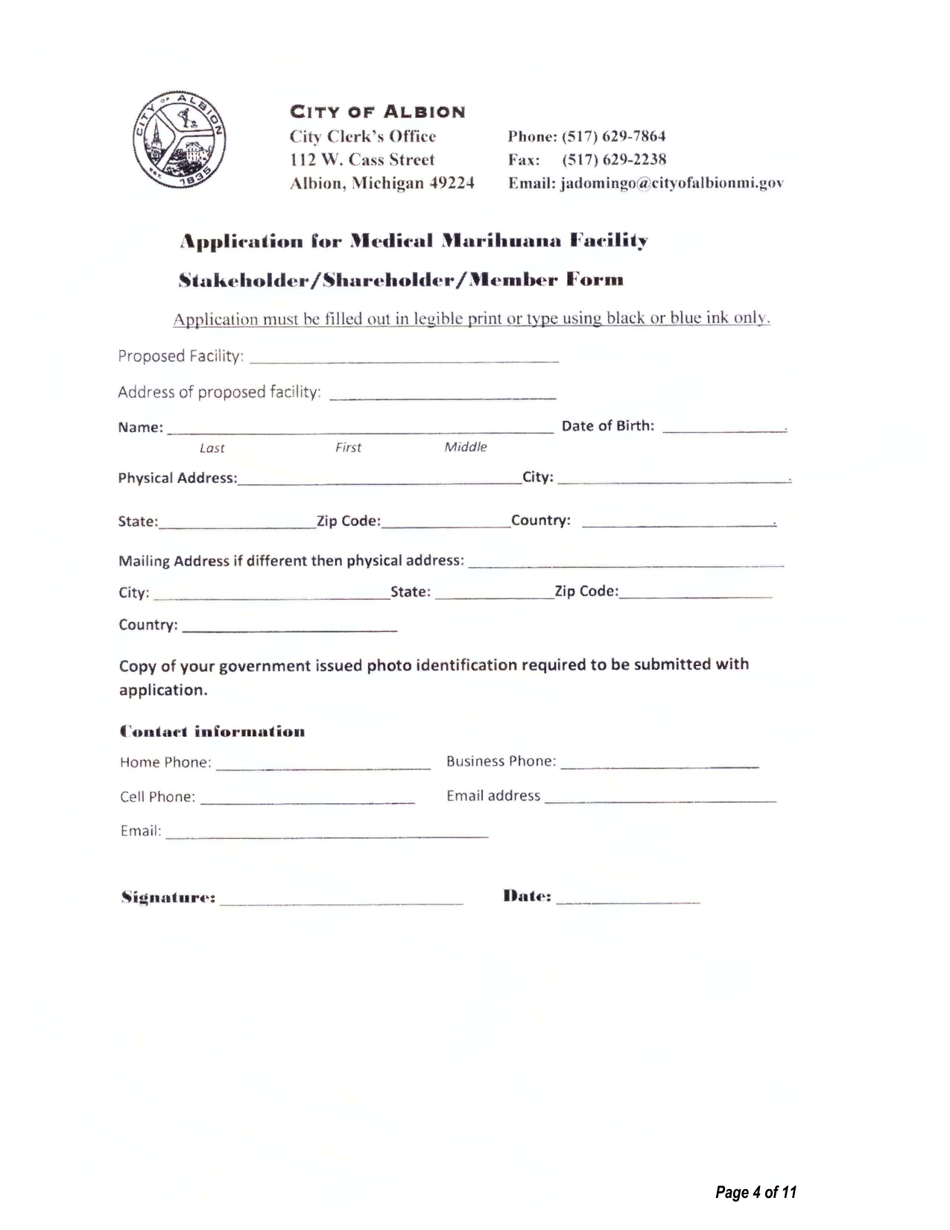 Application for Medical Marihuana Facility - Stakeholder / Shareholder / Member Form - Individual Application - City of Albion, Michigan, Page 4