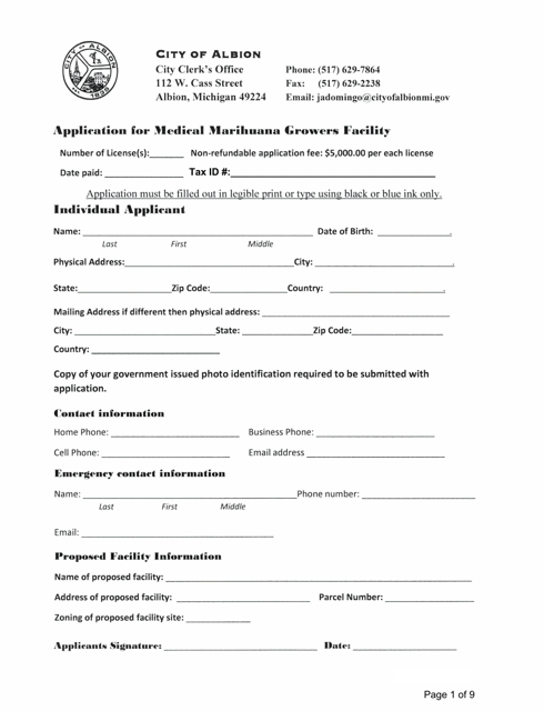 Application for Medical Marihuana Growers Facility - City of Albion, Michigan Download Pdf