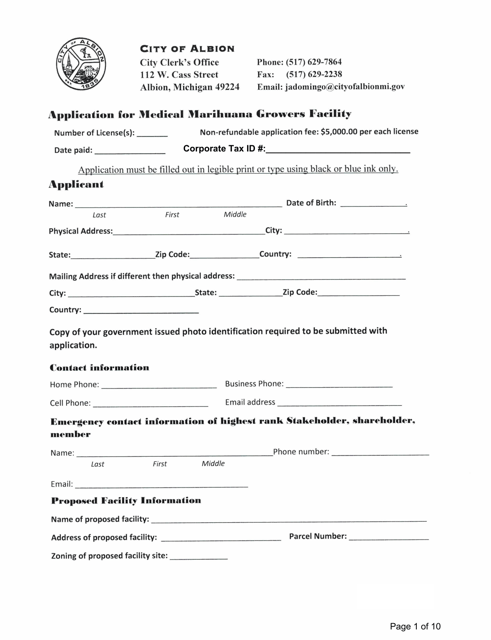 Application for Medical Marihuana Growers Facility - Stakeholder / Shareholder / Member Form - City of Albion, Michigan Download Pdf
