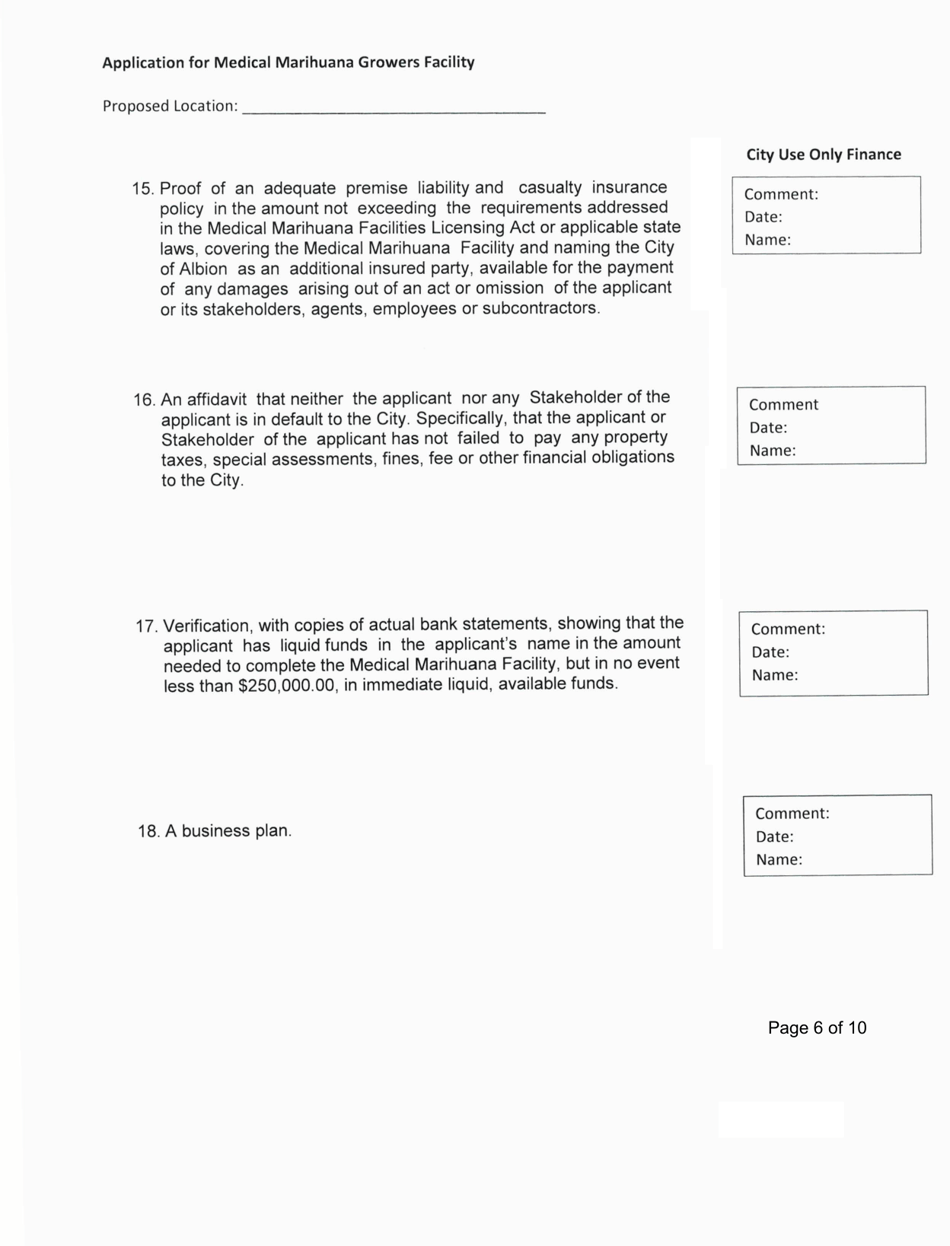 Application for Medical Marihuana Growers Facility - Stakeholder / Shareholder / Member Form - City of Albion, Michigan, Page 6
