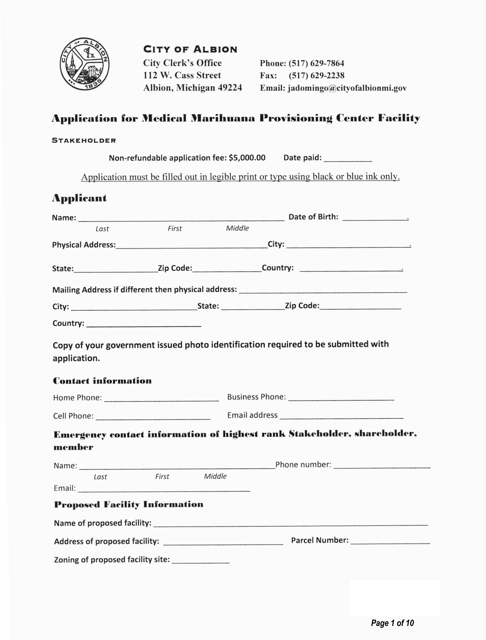 Application for Medical Marihuana Provisioning Center Facility - Stakeholder / Shareholder / Member Form - City of Albion, Michigan Download Pdf