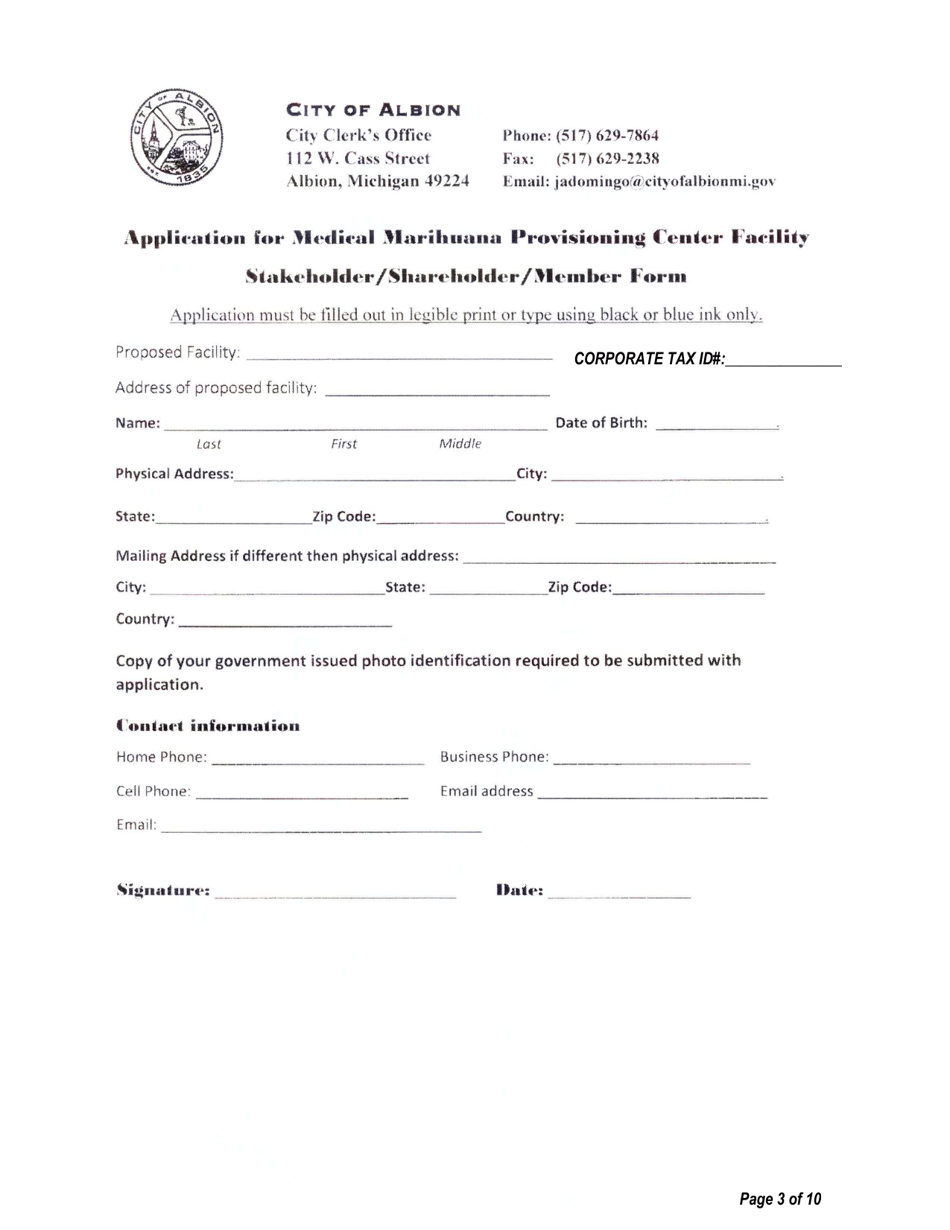 Application for Medical Marihuana Provisioning Center Facility - Stakeholder / Shareholder / Member Form - City of Albion, Michigan, Page 3