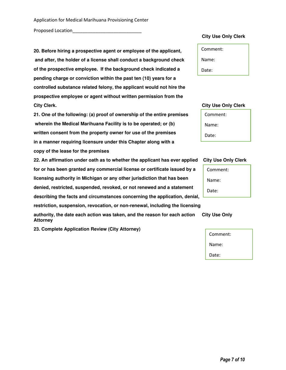 Application for Medical Marihuana Provisioning Center Facility - Stakeholder / Shareholder / Member Form - City of Albion, Michigan, Page 7