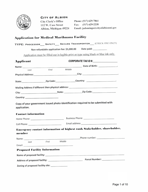 Application for Medical Marihuana Facility - Stakeholder / Shareholder / Member Form - City of Albion, Michigan Download Pdf