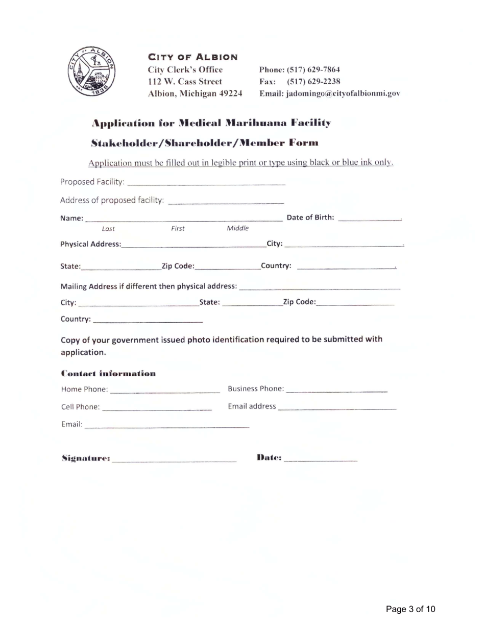 Application for Medical Marihuana Facility - Stakeholder / Shareholder / Member Form - City of Albion, Michigan, Page 3