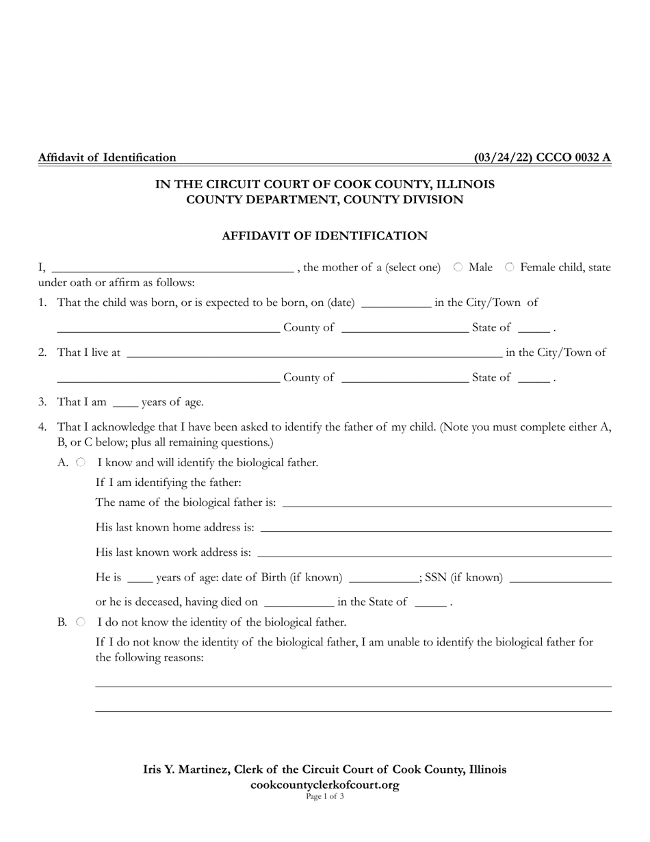 Form CCCO0032 Affidavit of Identification - Cook County, Illinois, Page 1