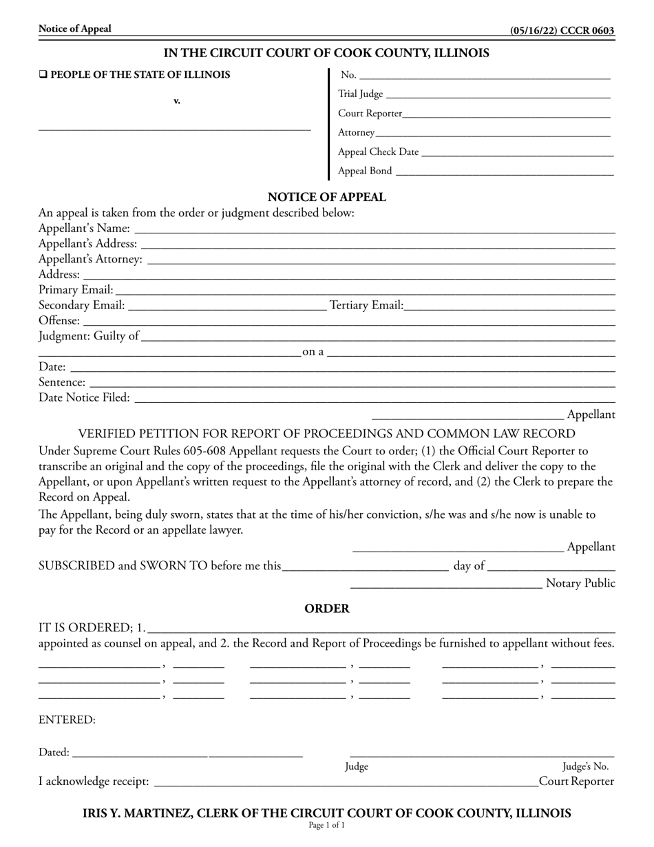 Form CCCR0603 Criminal Notice of Appeal - Cook County, Illinois, Page 1