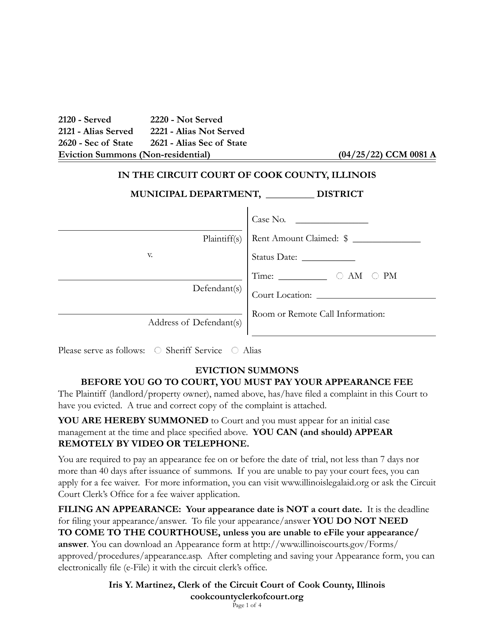Form CCM0081 Eviction Summons (Non-residential) - Cook County, Illinois