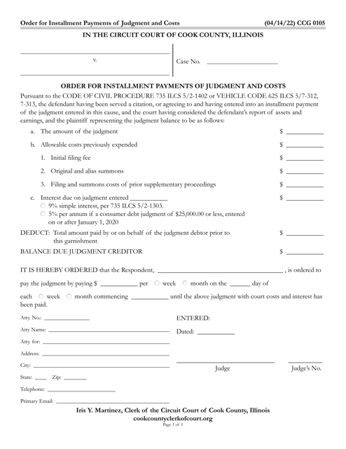 Form CCG0105 Order for Installment Payments of Judgment and Costs - Cook County, Illinois