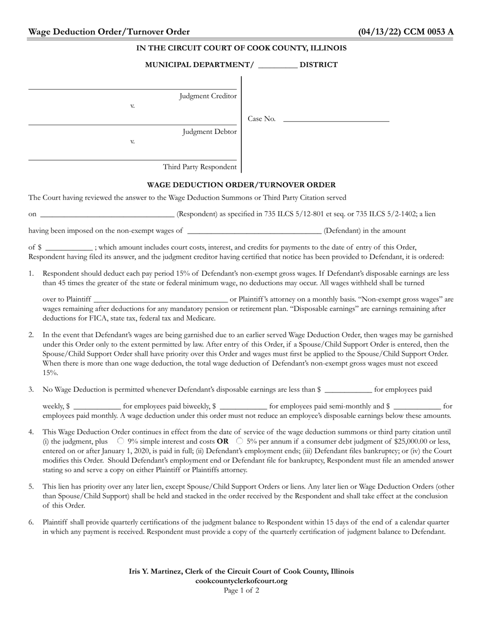 Form CCM0053 Wage Deduction Order / Turnover Order - Cook County, Illinois, Page 1