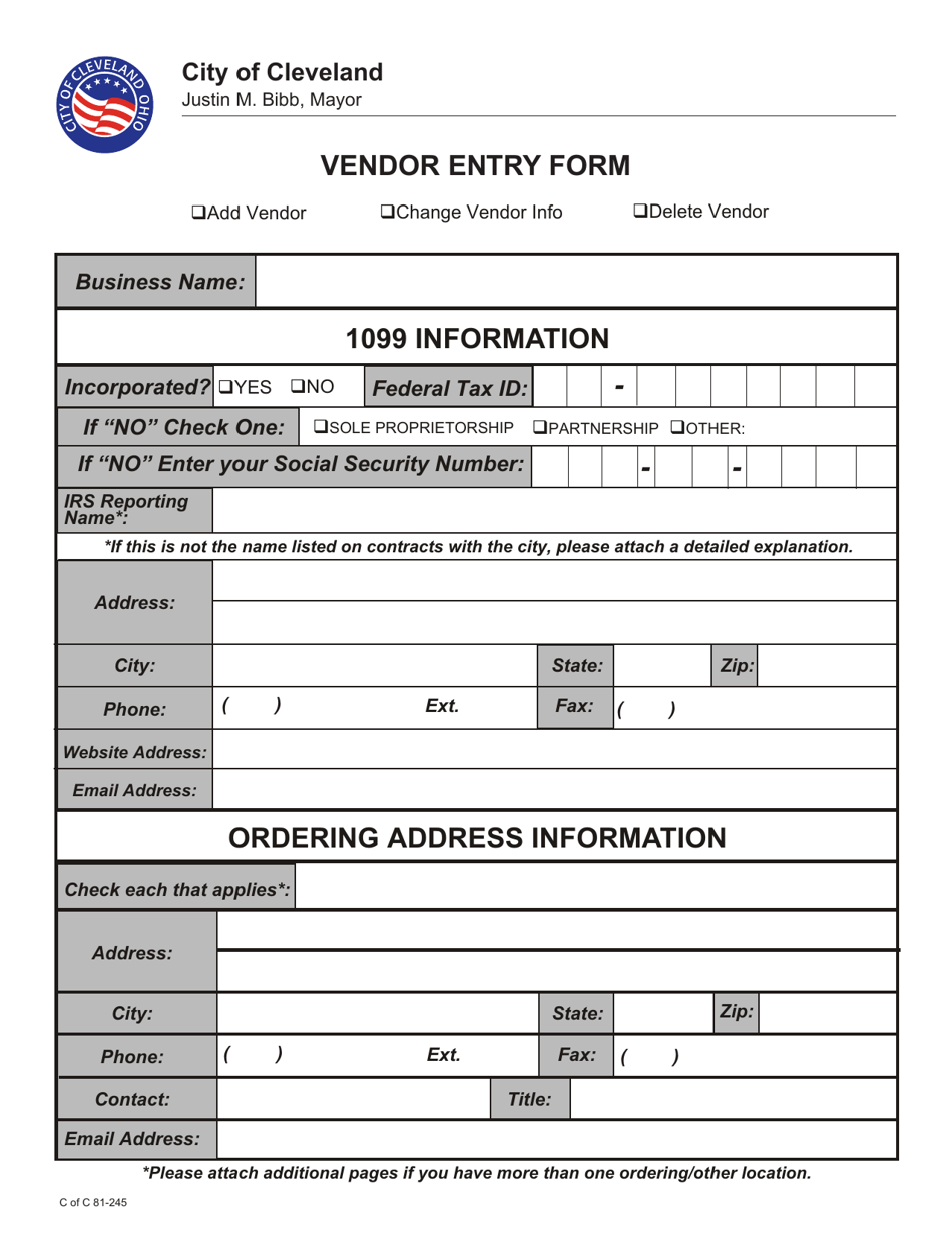 Form C81-245 Vendor Entry Form - City of Cleveland, Ohio, Page 1