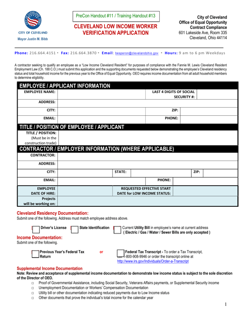 Cleveland Low Income Worker Verification Application - City of Cleveland, Ohio Download Pdf