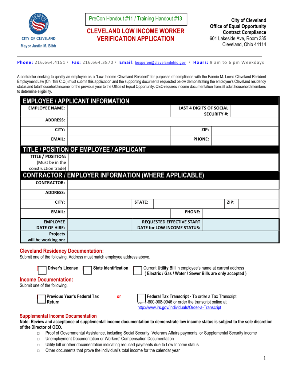 Cleveland Low Income Worker Verification Application - City of Cleveland, Ohio, Page 1