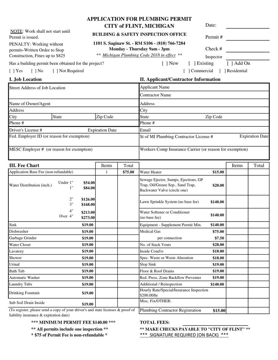 Application for Plumbing Permit - City of Flint, Michigan, Page 1