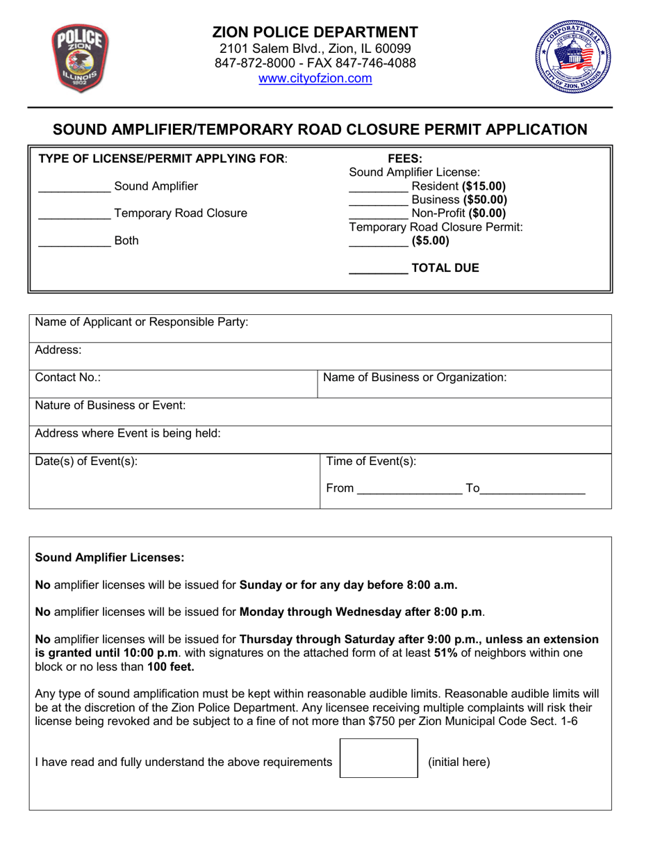 Sound Amplifier / Temporary Road Closure Permit Application - City of Zion, Illinois, Page 1
