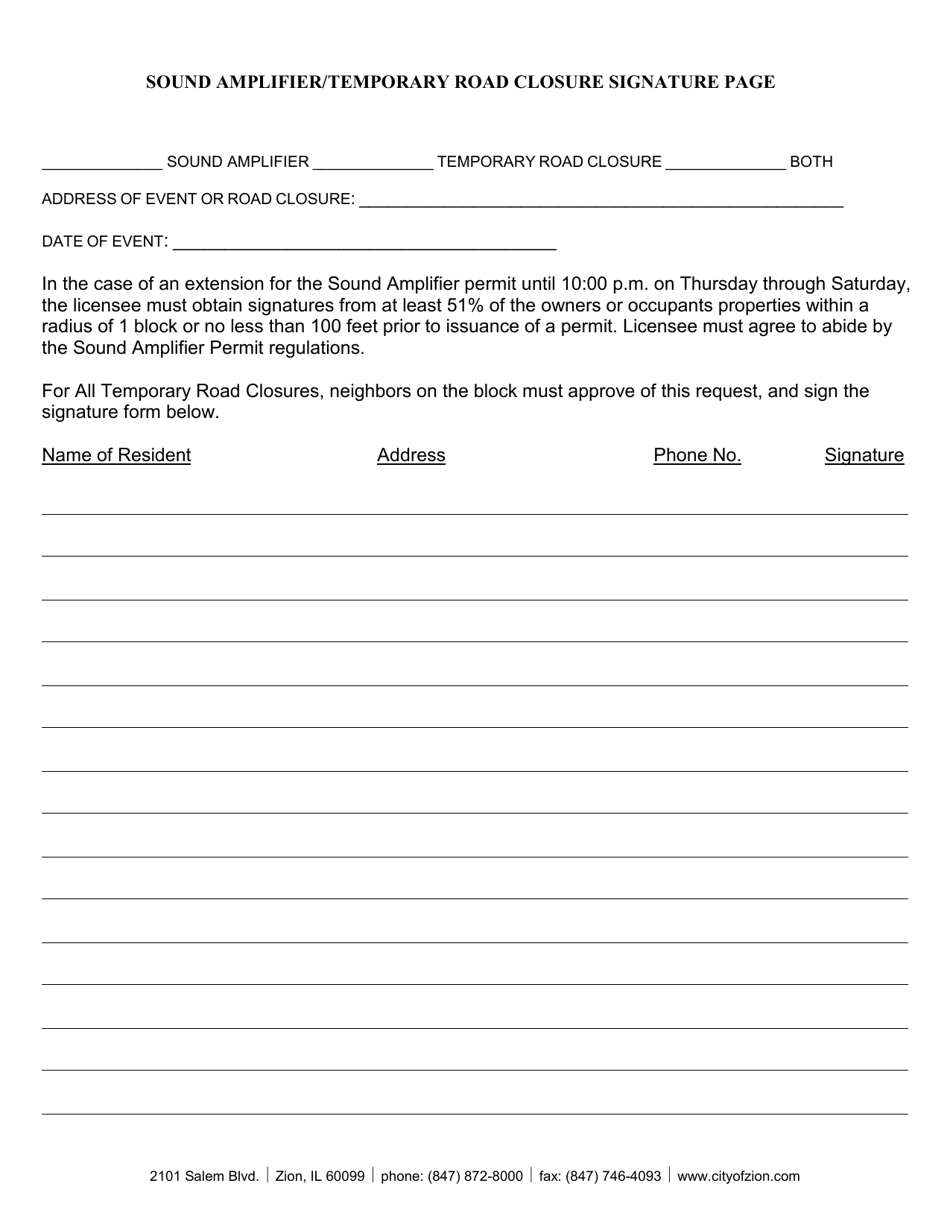 Sound Amplifier / Temporary Road Closure Permit Application - City of Zion, Illinois, Page 3