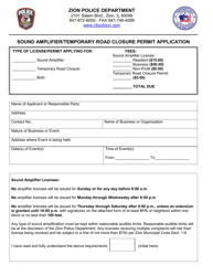 Document preview: Sound Amplifier/Temporary Road Closure Permit Application - City of Zion, Illinois
