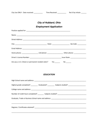 Document preview: Employment Application - City of Hubbard, Ohio