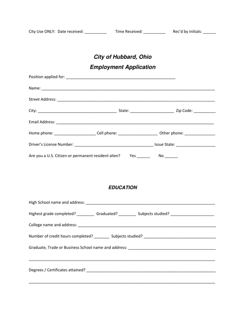 Employment Application - City of Hubbard, Ohio Download Pdf