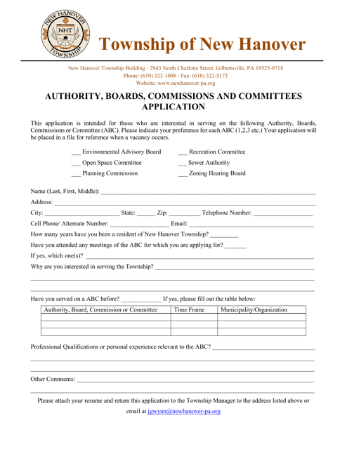 Authority, Boards, Commissions and Committees Application - New Hanover Township, Pennsylvania Download Pdf