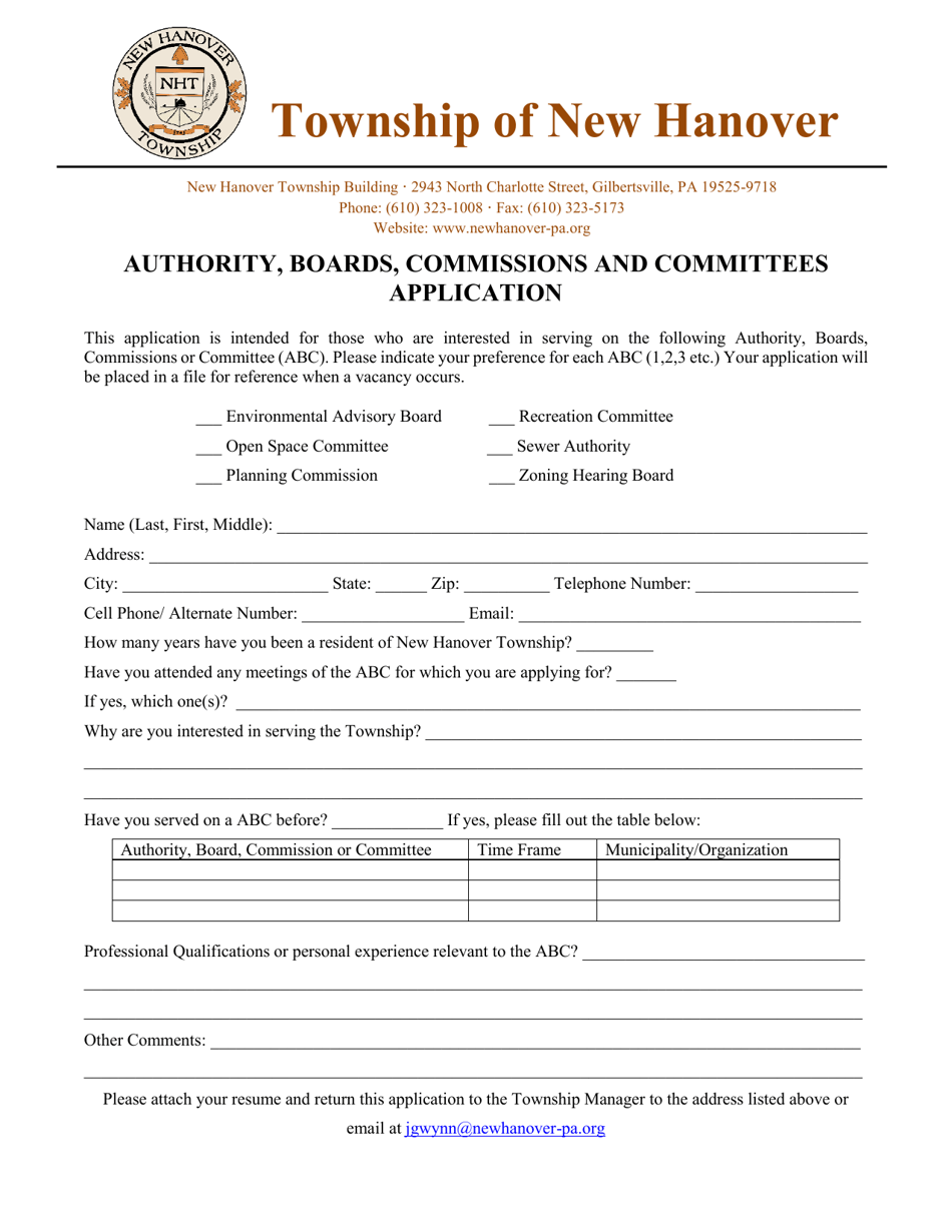 Authority, Boards, Commissions and Committees Application - New Hanover Township, Pennsylvania, Page 1