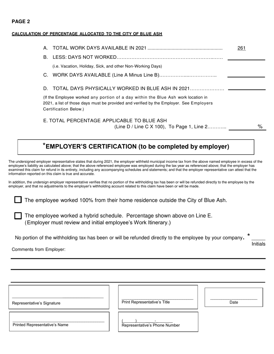 Non-resident Work From Home Refund Request - City of Blue Ash, Ohio, Page 4