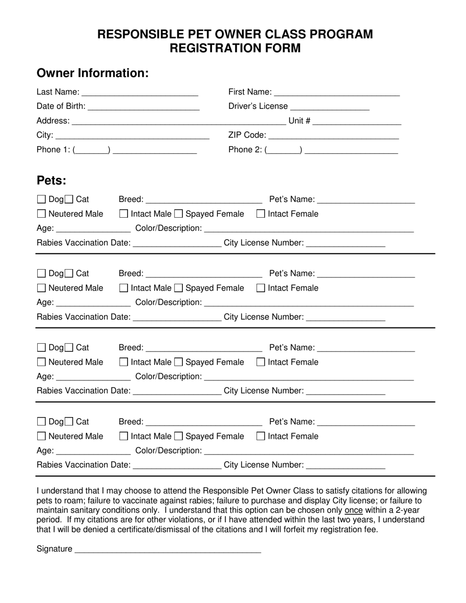 Responsible Pet Owner Class Program Registration Form - City of Fort Worth, Texas, Page 1