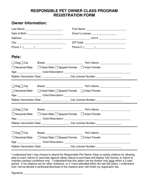 Responsible Pet Owner Class Program Registration Form - City of Fort Worth, Texas Download Pdf