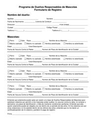 Document preview: Formulario De Registro - Programa De Duenos Responsables De Mascotas - City of Fort Worth, Texas (Spanish)