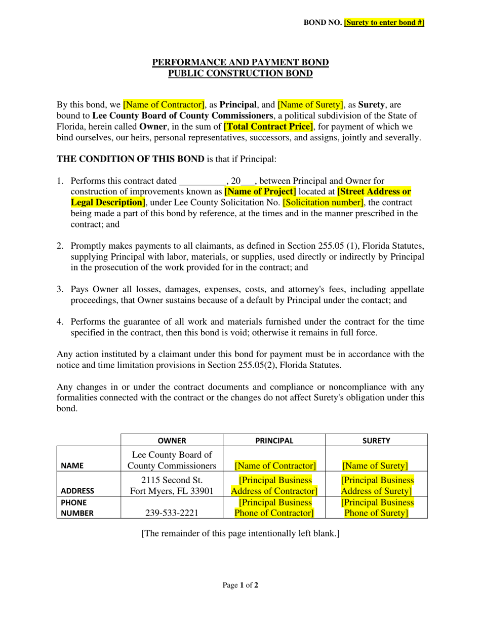 Public Construction Performance and Payment Bond - Lee County, Florida, Page 1
