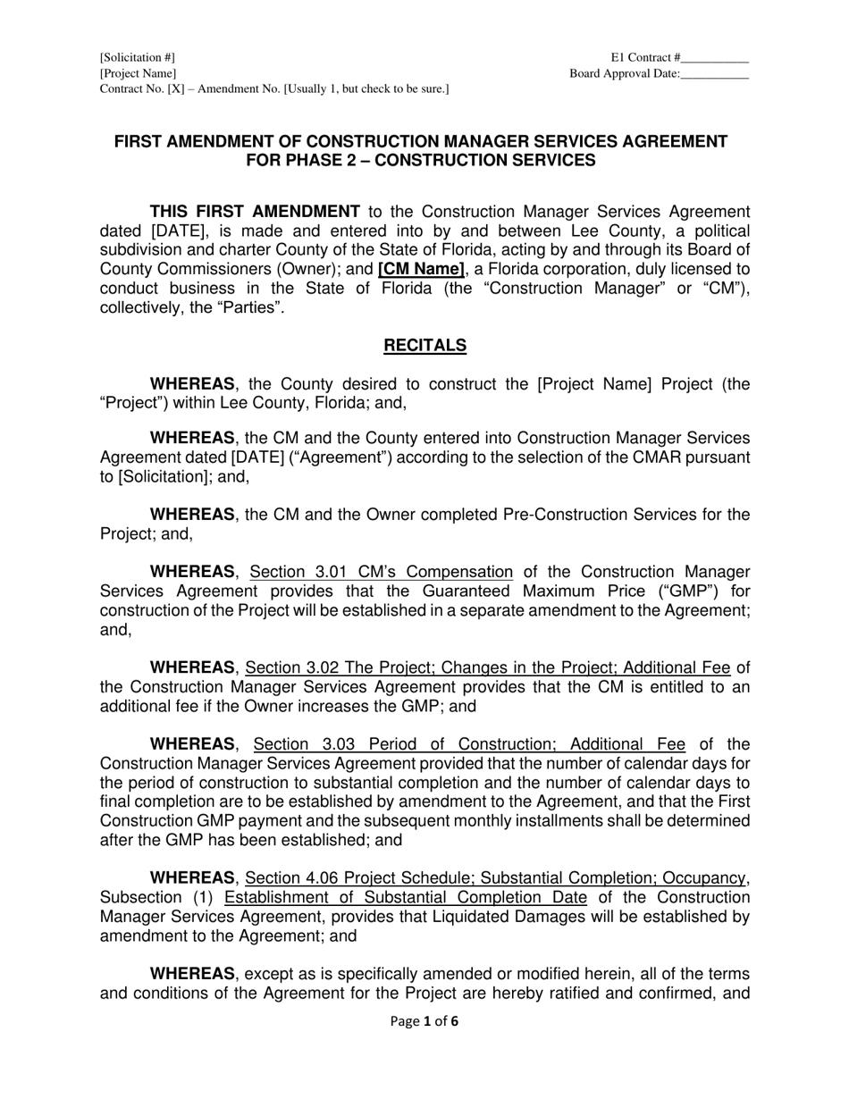 First Amendment of Construction Manager Services Agreement for Phase 2 - Construction Services - Lee County, Florida, Page 1