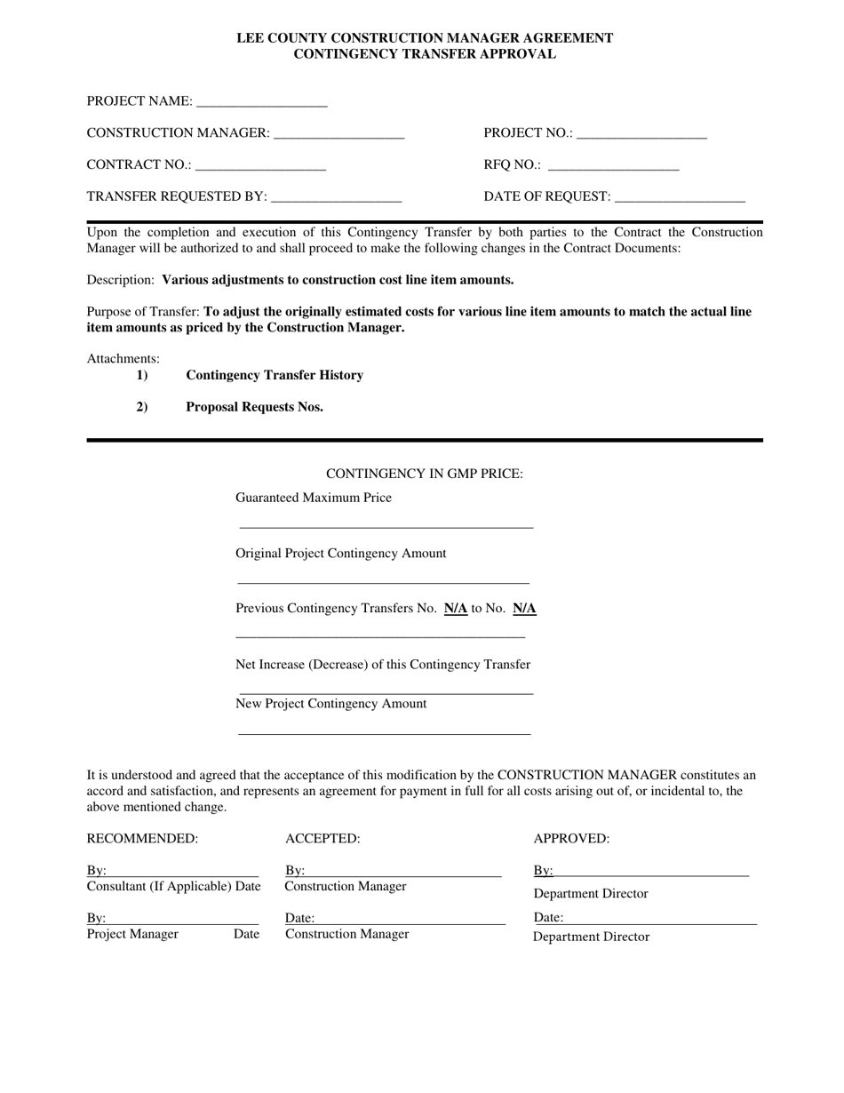 Construction Manager Agreement Contingency Transfer Approval - Lee County, Florida, Page 1