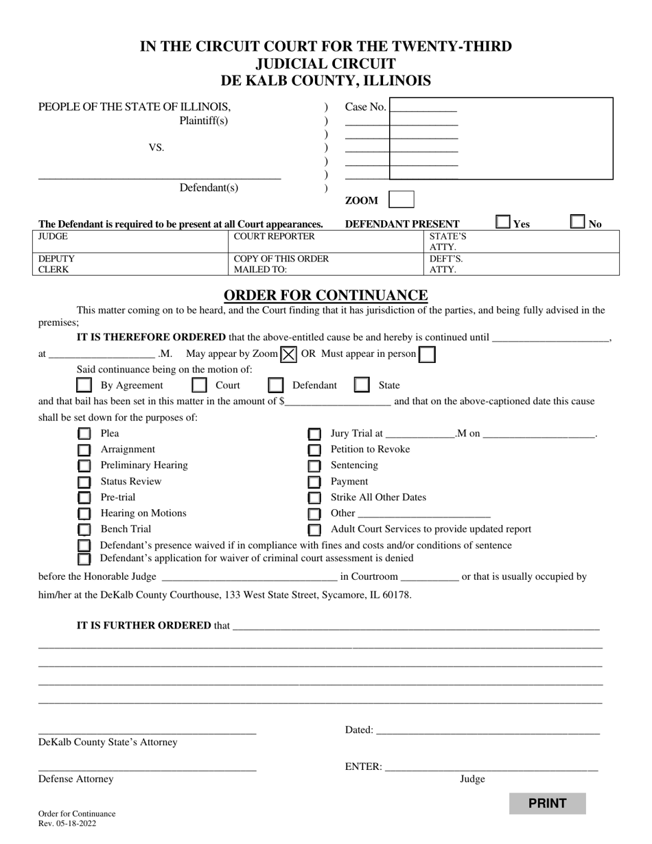 DeKalb County, Illinois Order for Continuance Download Fillable PDF