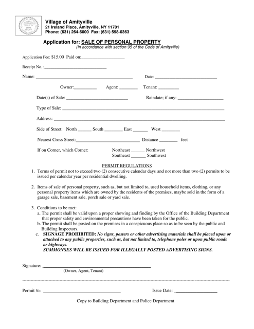 Application for Sale of Personal Property - Village of Amityville, New York