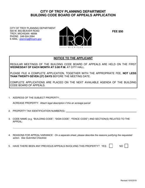 Building Code Board of Appeals Application - City of Troy, Michigan Download Pdf